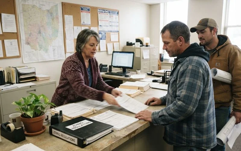 A homeowner on the phone with a notepad and a folder of contract papers at a kitchen table asking a city office about permits