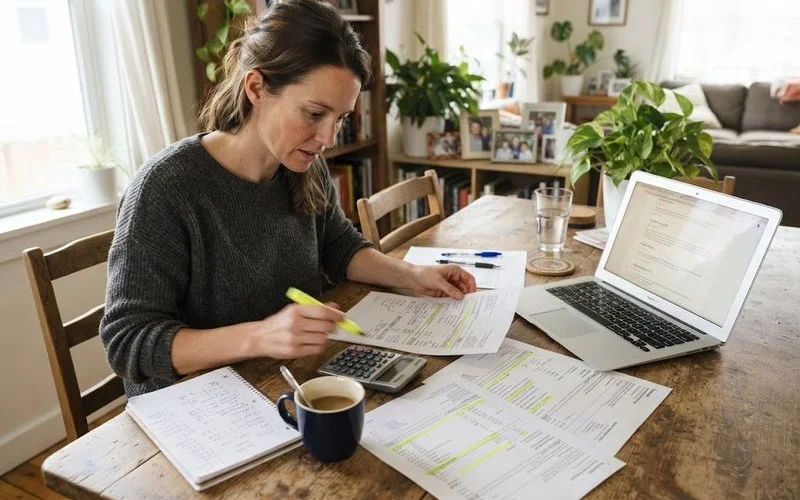A homeowner filling in a comparison chart with three printed waterproofing estimates spread across a kitchen table