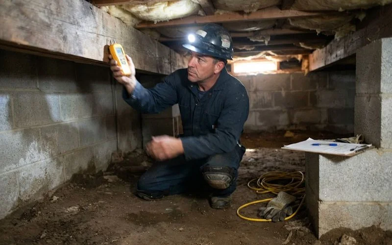 A flashlight beam showing dark staining on wooden floor joists and damp soil in an unfinished crawl space under an older house