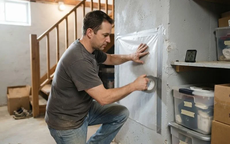 A basement wall with a masonry sealer being brushed on beside a dehumidifier and a bucket of tools on a concrete floor
