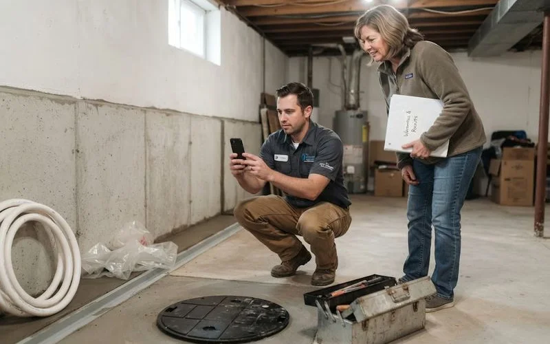 A homeowner and a real estate agent standing in a basement beside a labeled folder of waterproofing receipts and warranty papers