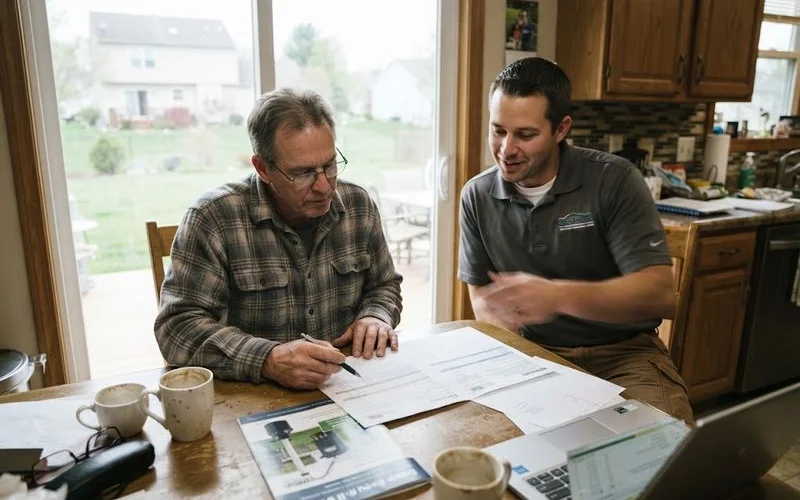 A homeowner and an estimator reviewing a written waterproofing estimate beside a basement wall with a pencil and notepad on a table
